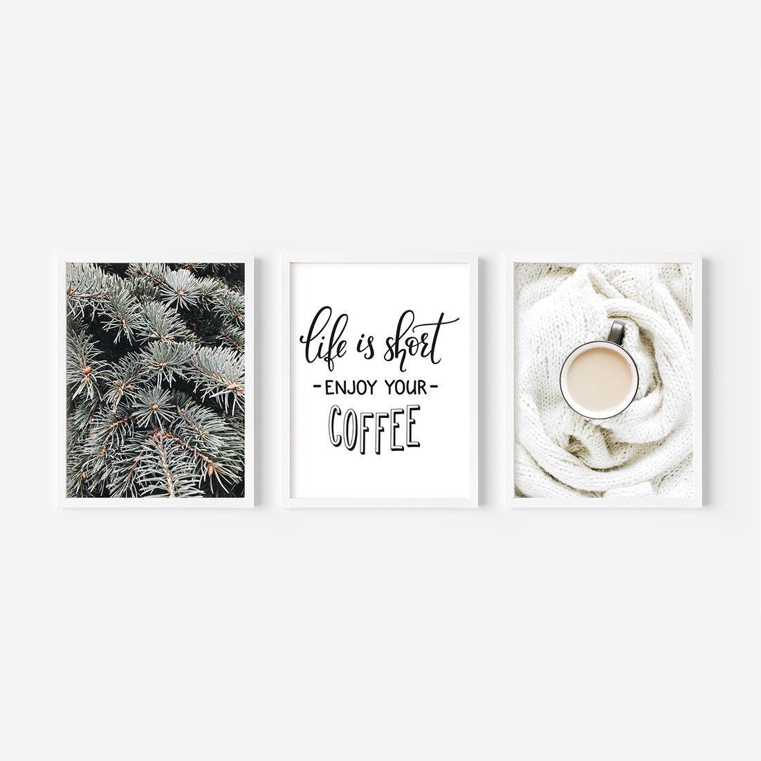 Zestaw obrazy w ramie, plakaty - igły, kawa, sweter - rama biała