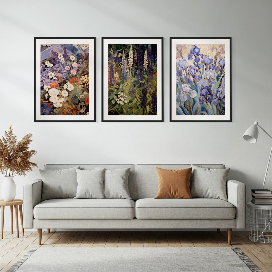 Zestaw obrazy w ramie, plakaty - kwiaty, irysy, rośliny - rama czarna