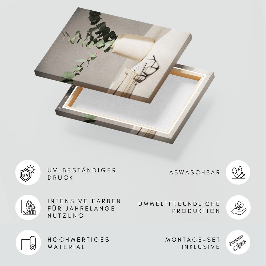 Obraz na płótnie - eukaliptus, wazon, książki