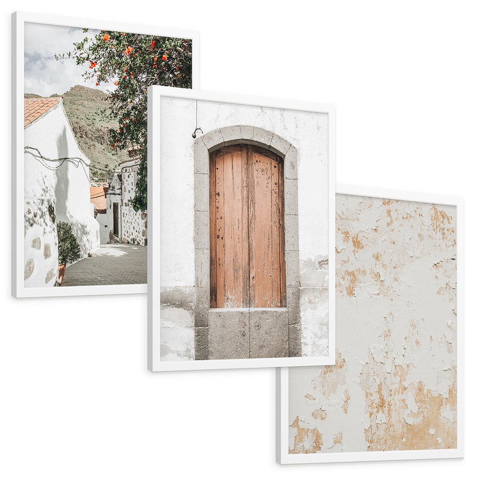 Zestaw obrazy w ramie, plakaty - ściana, drzwi, miasto - rama biała