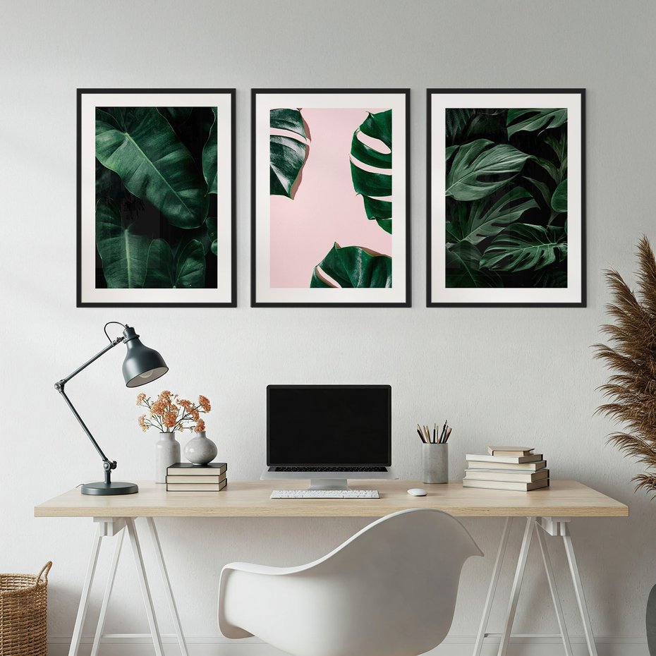Zestaw obrazy w ramie, plakaty - liście, monstera, rośliny - rama czarna