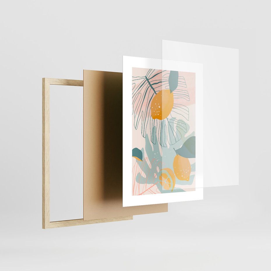 Zestaw obrazy w ramie, plakaty - liście, cytryny, abstrakcja - rama drewno