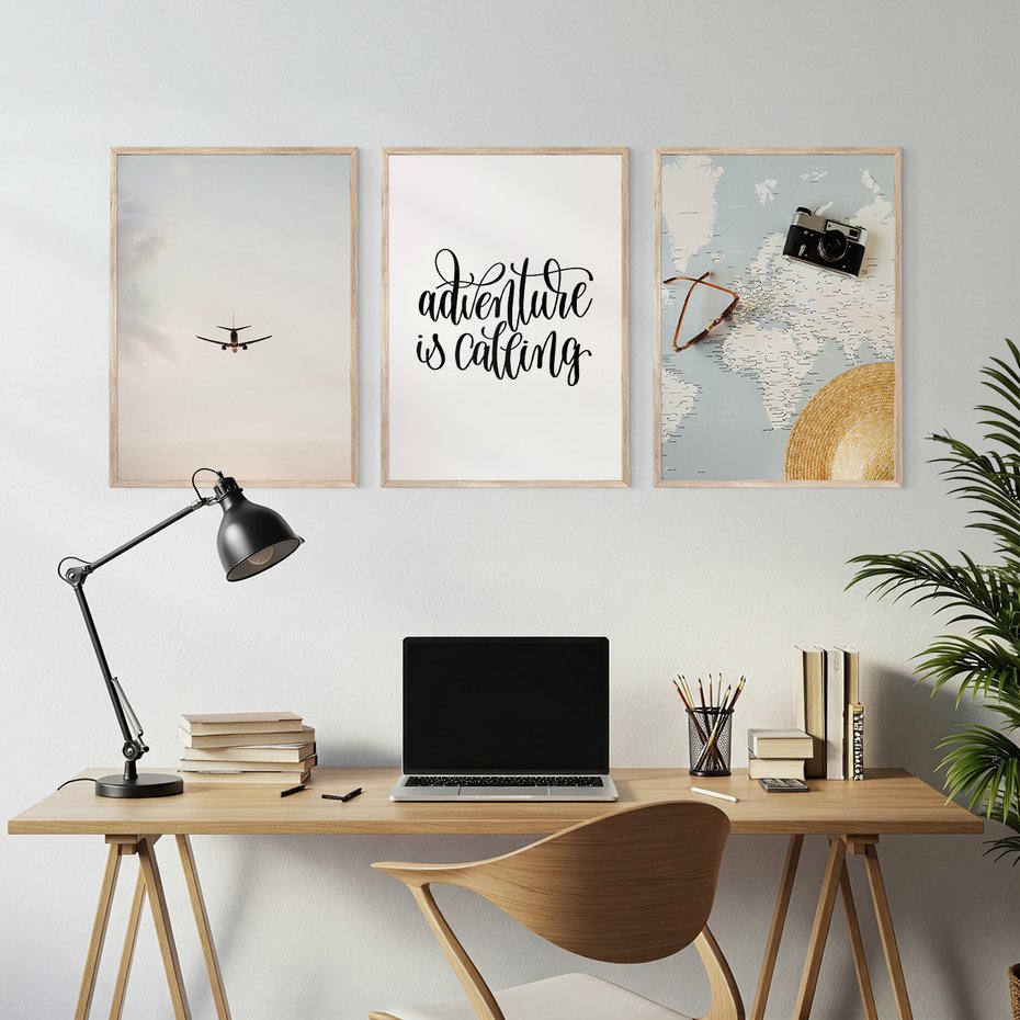 Zestaw obrazy w ramie, plakaty - podróż, samolot, mapa - rama drewno