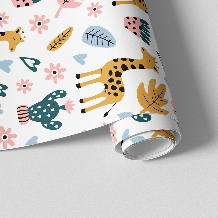 Tapeta - dziecięca, żyrafa, liście, kwiaty