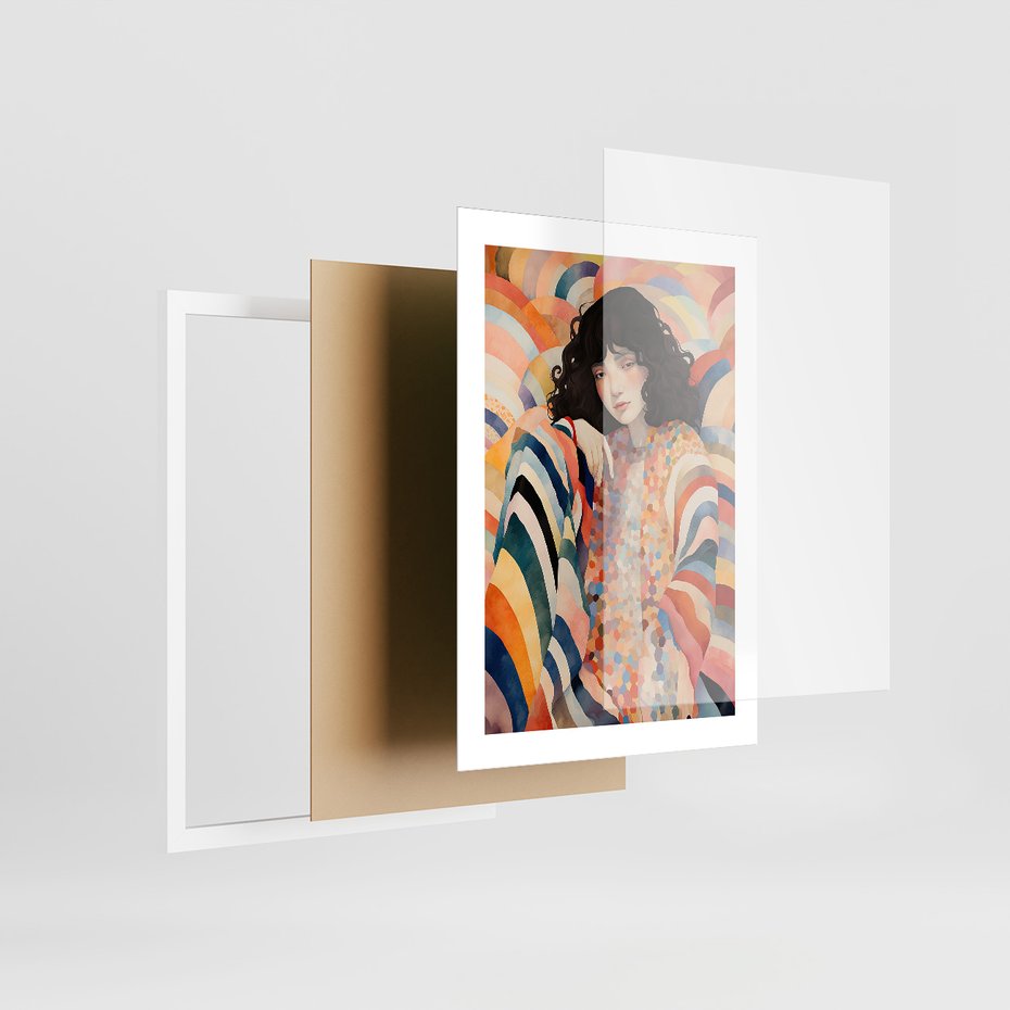 Zestaw obrazy w ramie, plakaty - kobieta, wzory, kolory, - rama biała
