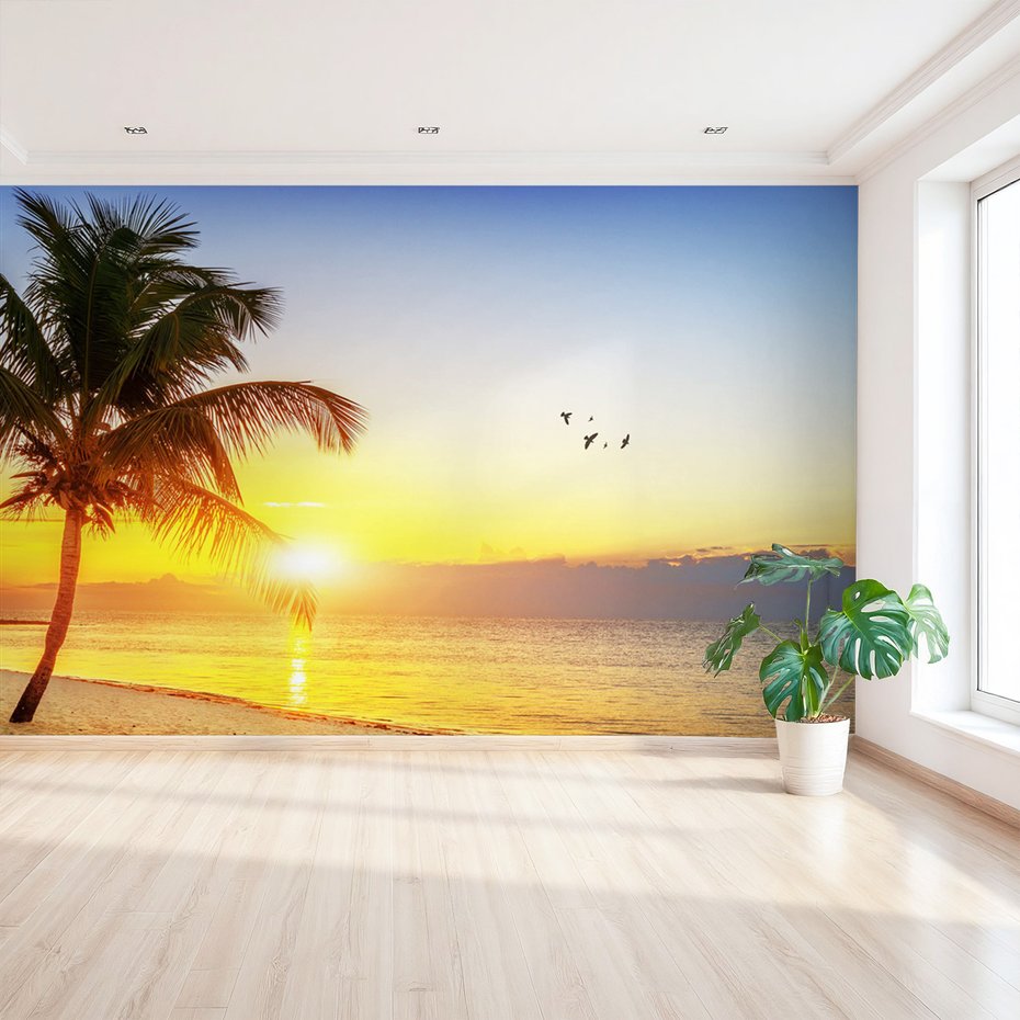 Fototapeta - palma, morze, zachód słońca