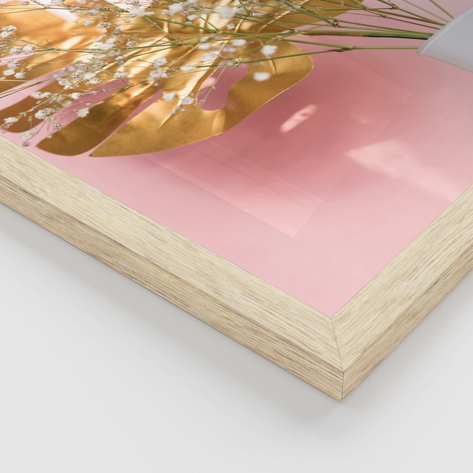 Zestaw obrazy w ramie, plakaty - kwiaty, liście, złoty - rama drewno