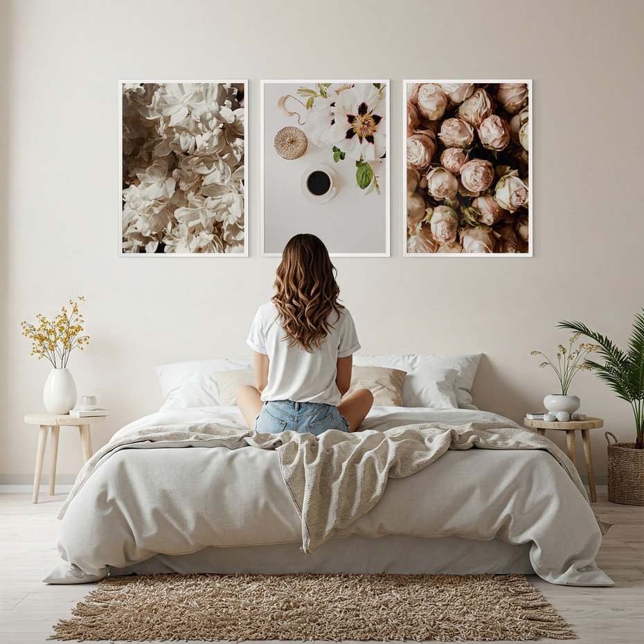 Zestaw obrazy w ramie, plakaty - kwiaty, róże, bukiet - rama biała