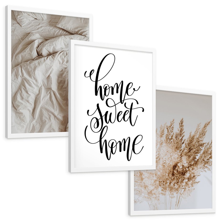 Zestaw obrazy w ramie, plakaty - trawa, beżowy, pismo - rama biała