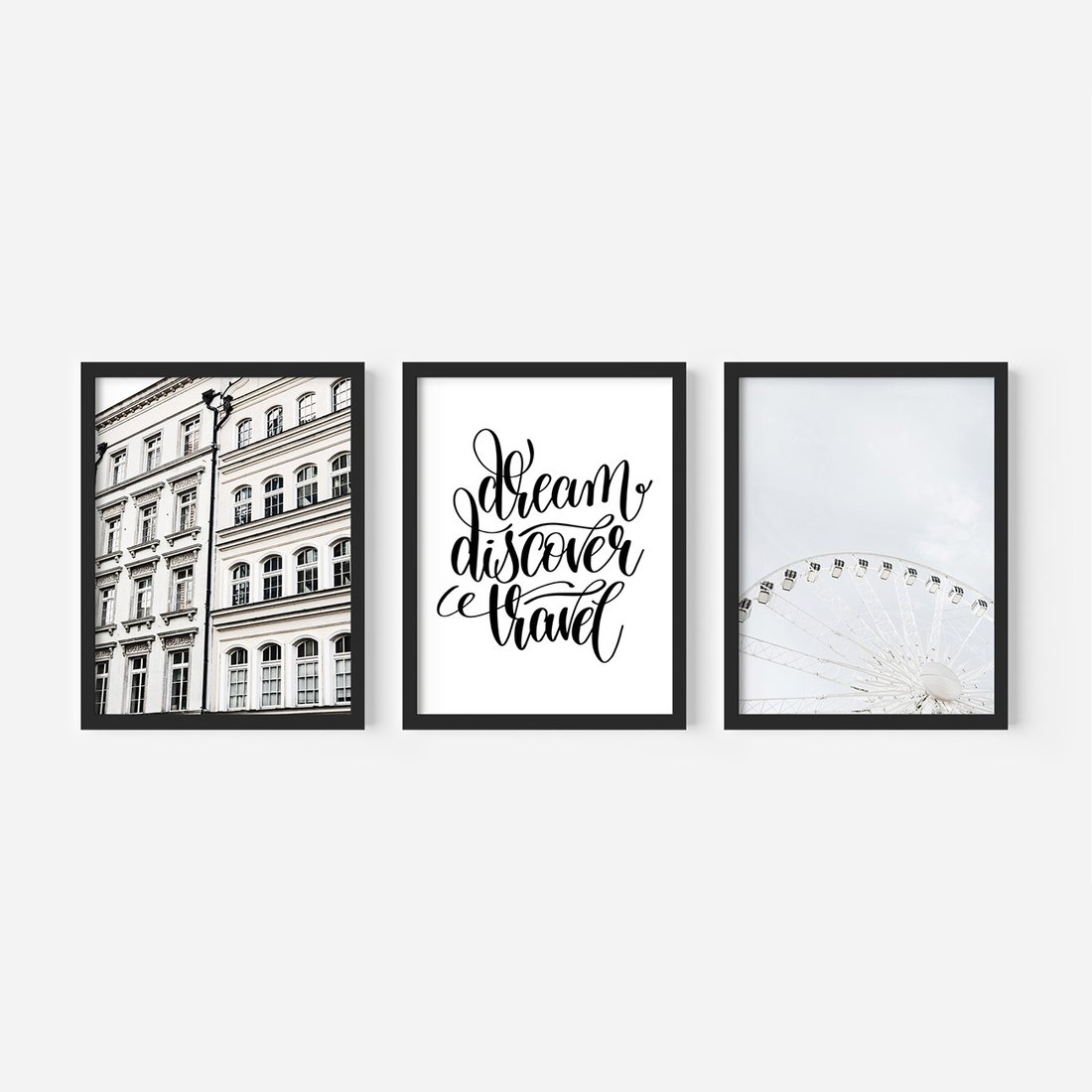 Zestaw obrazy w ramie, plakaty - budynek,typografia,koło - rama czarna