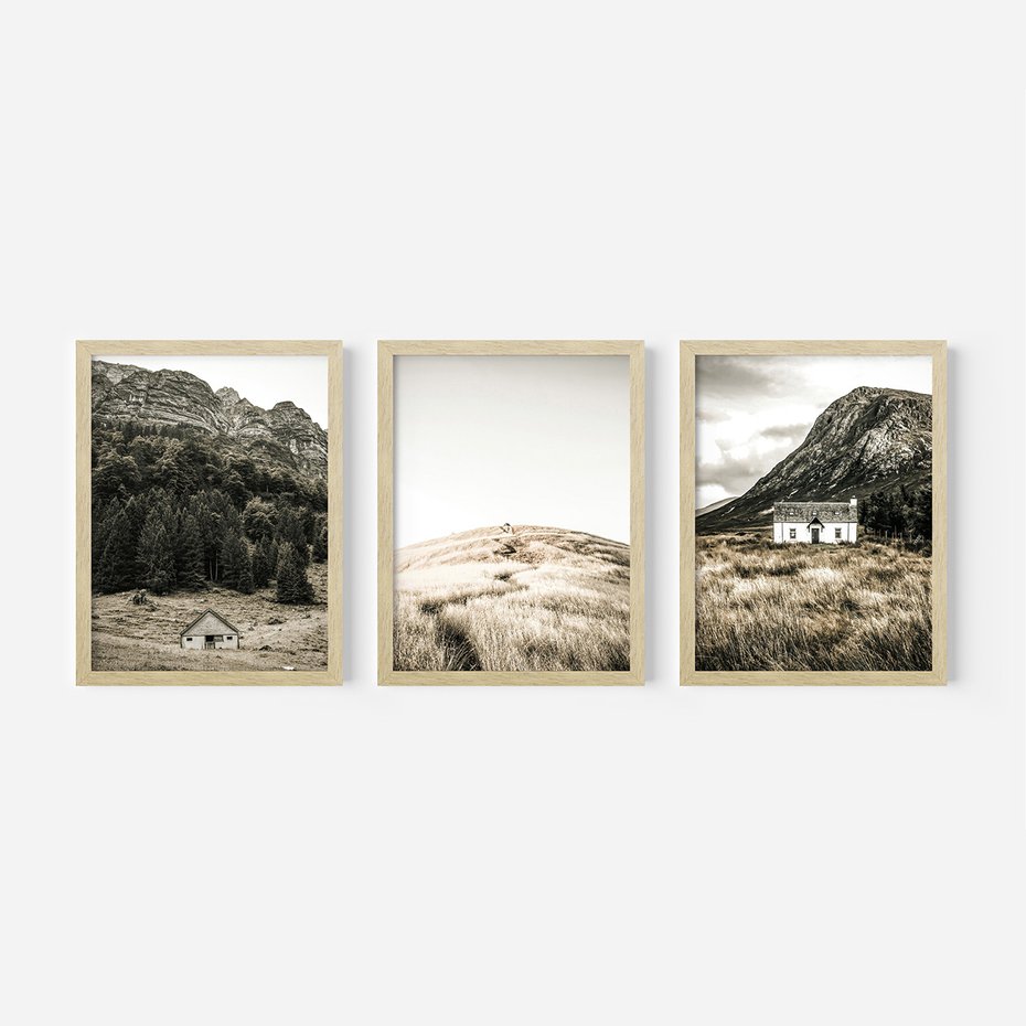 Zestaw obrazy w ramie, plakaty - góry, domy, krajobraz - rama drewno