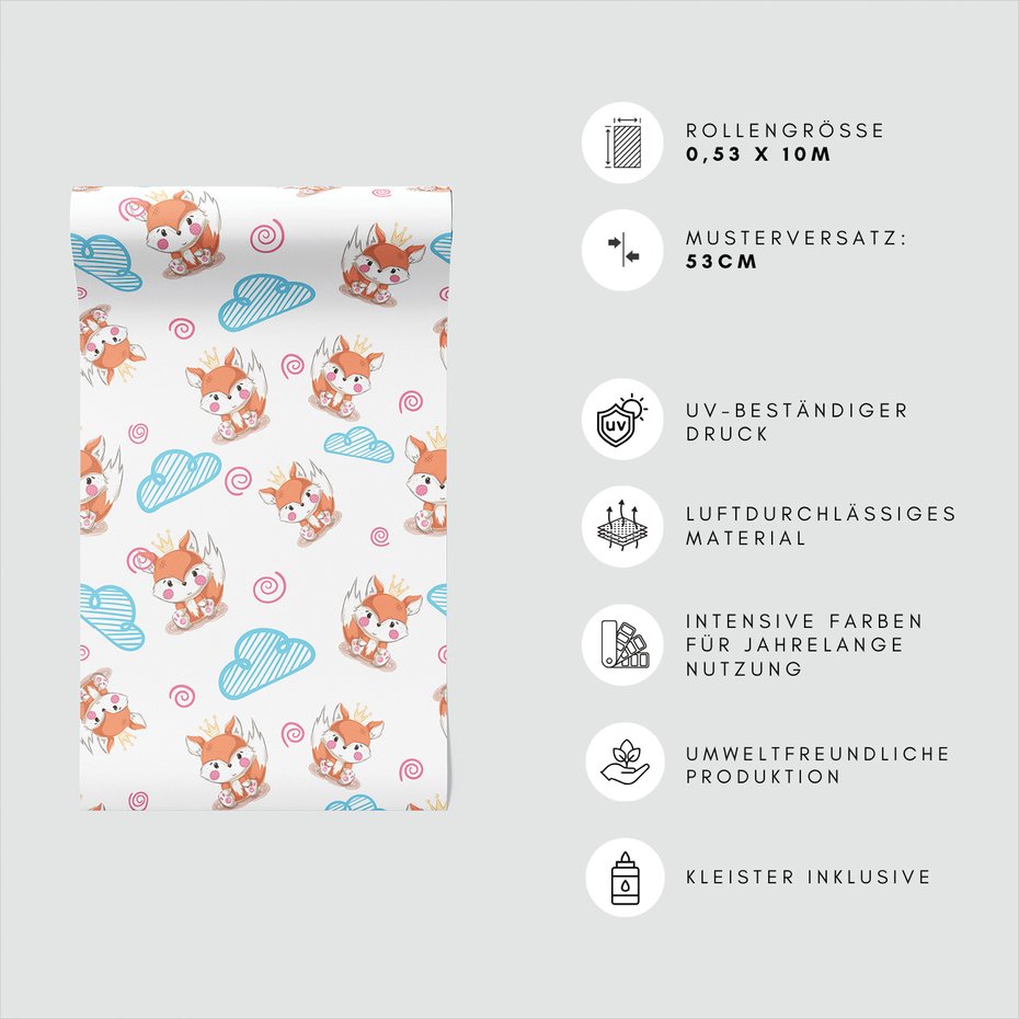 Tapeta - dziecięca, lisy, korona, chmury