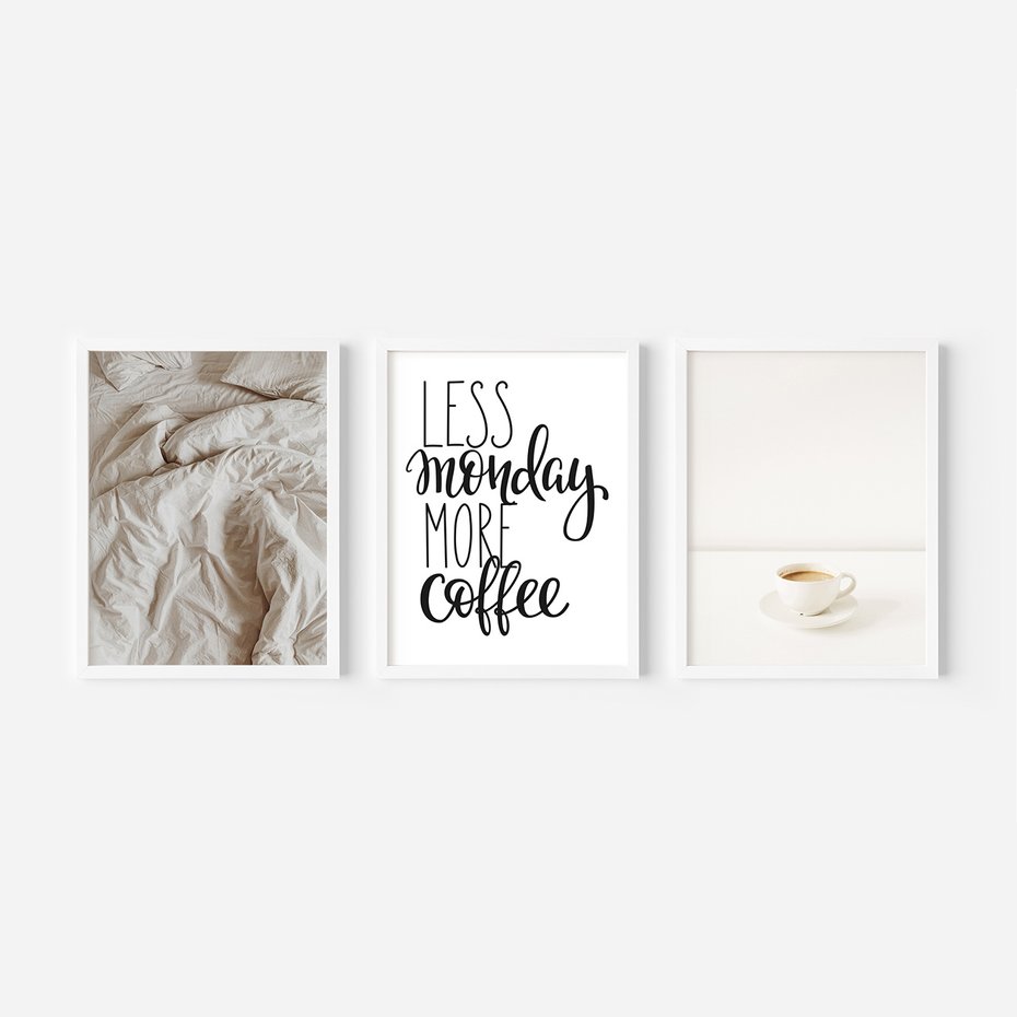 Zestaw obrazy w ramie, plakaty - kawa, łóżko, minimalizm - rama biała