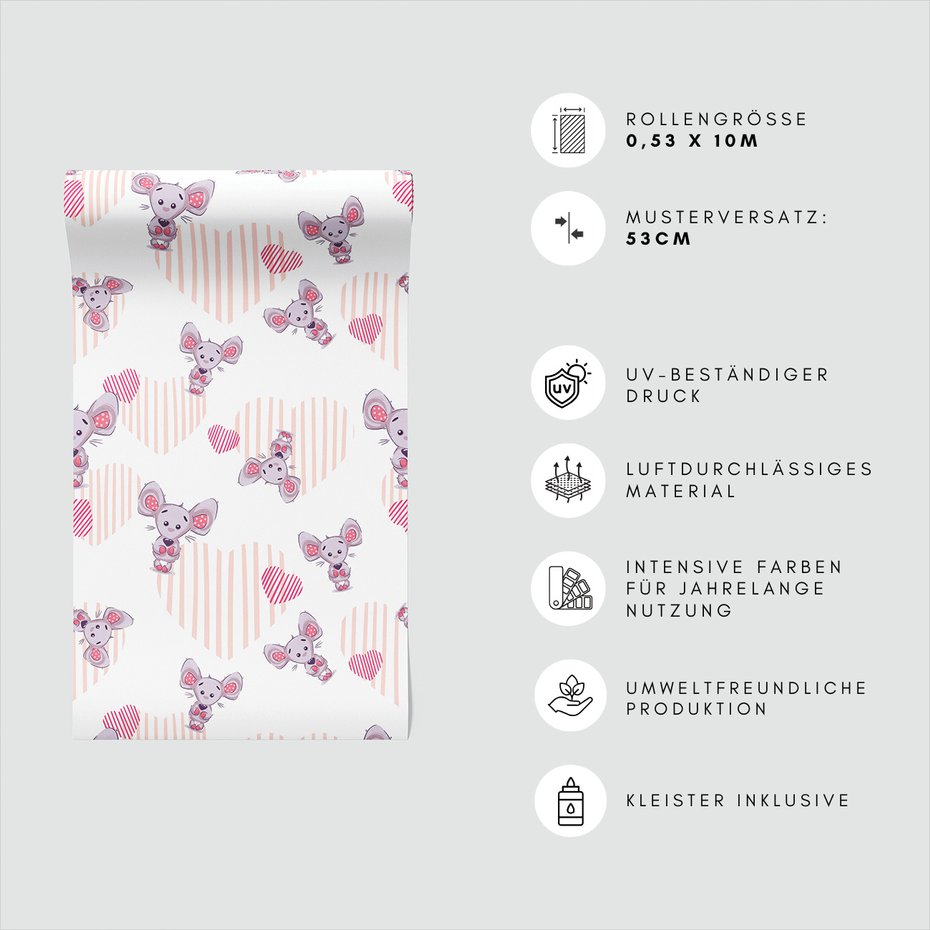 Tapeta - dziecięca, myszka, serca, tło