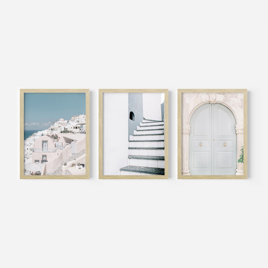 Zestaw obrazy w ramie, plakaty - architektura, pastelowe, śródziemnomorskie - rama drewno