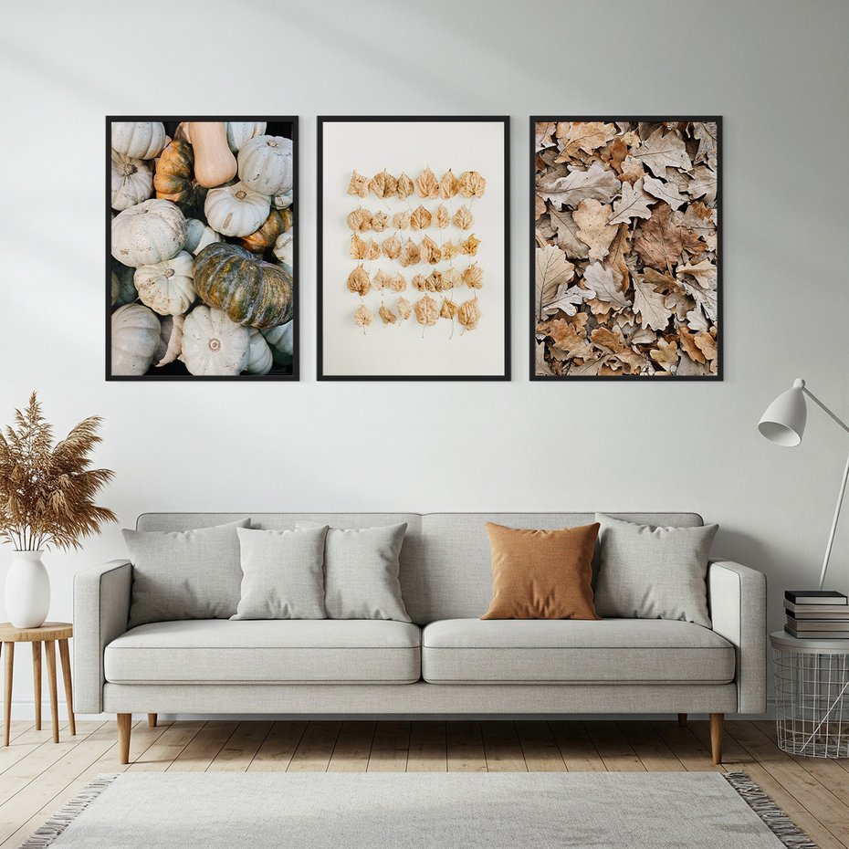 Zestaw obrazy w ramie, plakaty - dynie, liście, jesień - rama czarna
