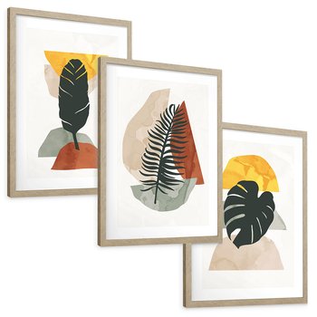 Zestaw obrazy w ramie, plakaty - liście, abstrakcja, rośliny - rama drewno