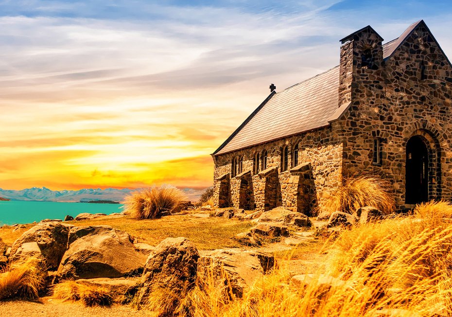 Fototapeta - kościół, jezioro, krajobraz