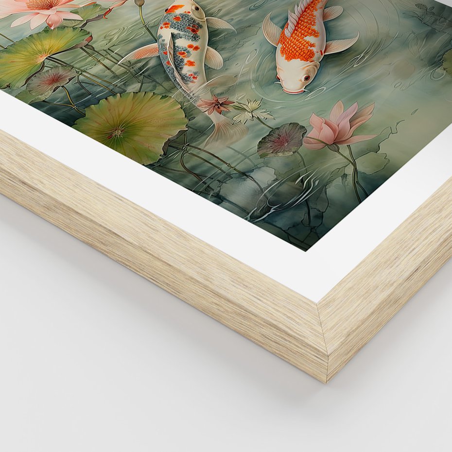 Zestaw obrazy w ramie, plakaty - kwiaty lotosu, ryby koi, azjatycka kobieta - rama drewno
