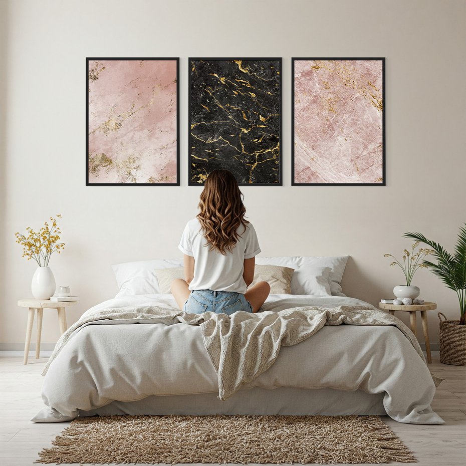 Zestaw obrazy w ramie, plakaty - marmur, tekstura, złoto - rama czarna