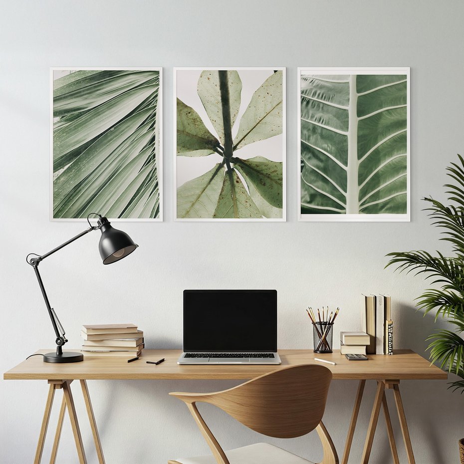 Zestaw obrazy w ramie, plakaty - liście, tropikalne, zielone - rama biała