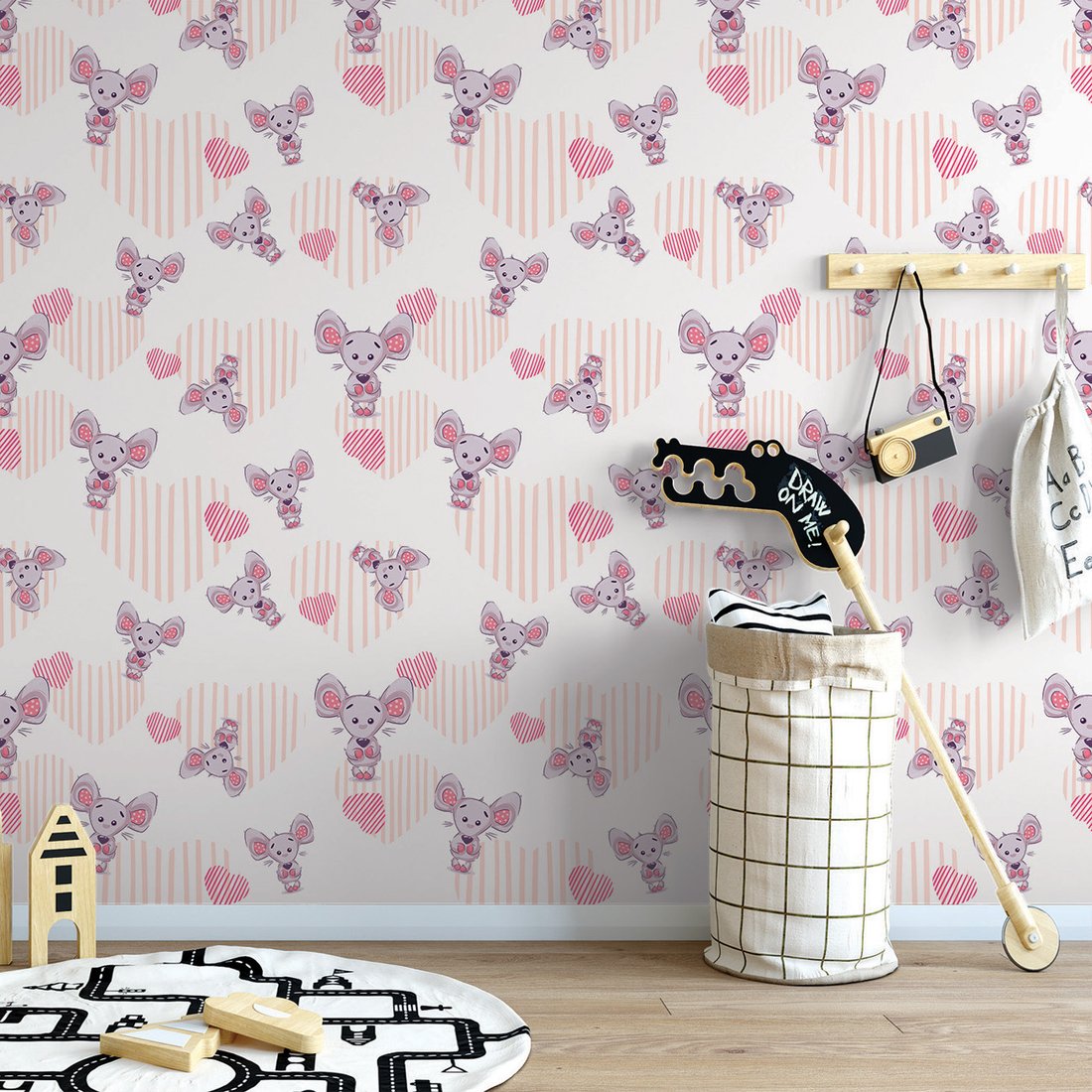 Tapeta - dziecięca, myszka, serca, tło