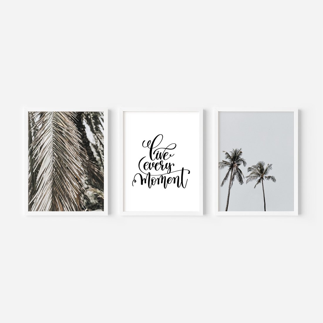 Zestaw obrazy w ramie, plakaty - liście, palmy, napisy - rama biała