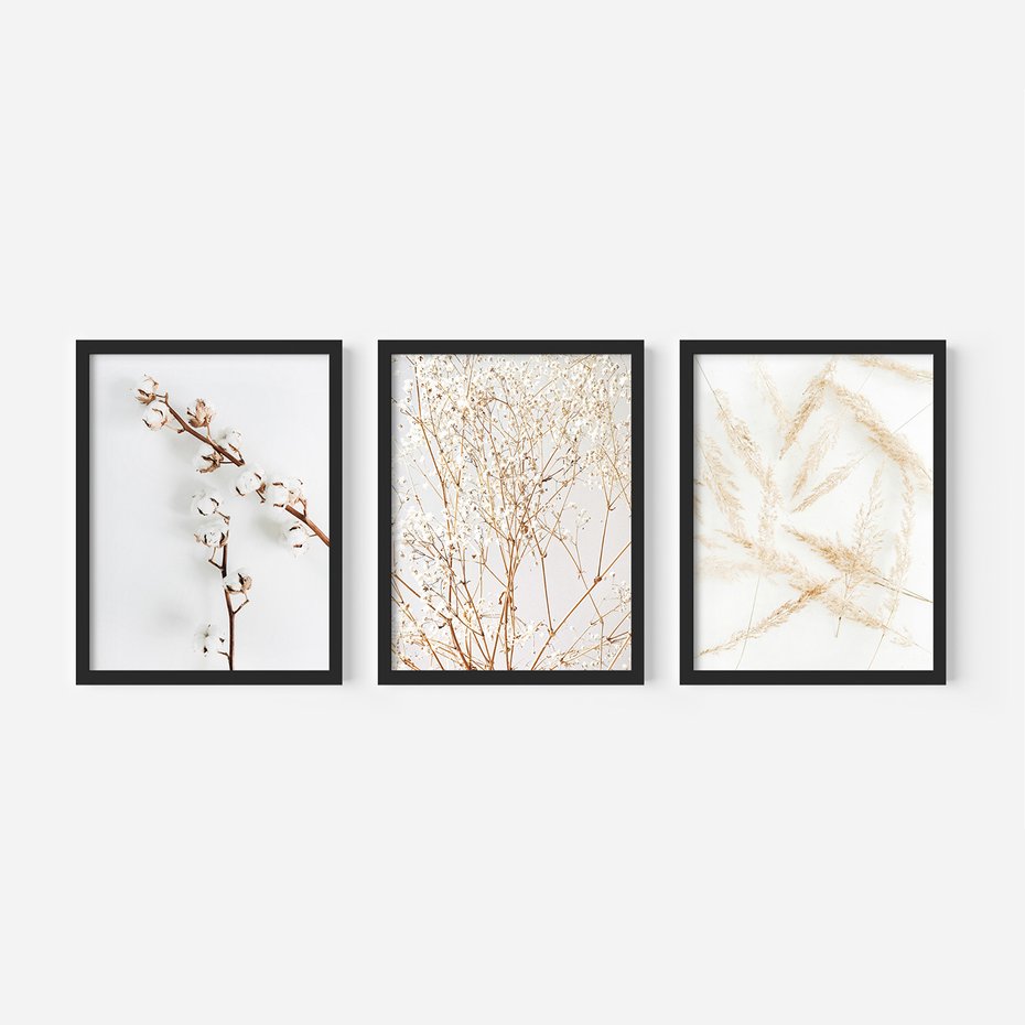 Zestaw obrazy w ramie, plakaty - kwiaty, gałązki, minimalizm - rama czarna