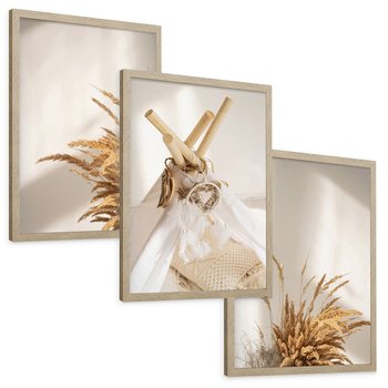 Zestaw obrazy w ramie, plakaty - trawa, dekoracja, pióra - rama drewno