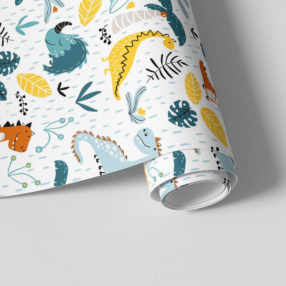 Tapeta - dziecięca, dinozaury, liście, palmy