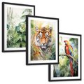 Zestaw obrazy w ramie, plakaty - papuga, liście, tygrys - rama czarna