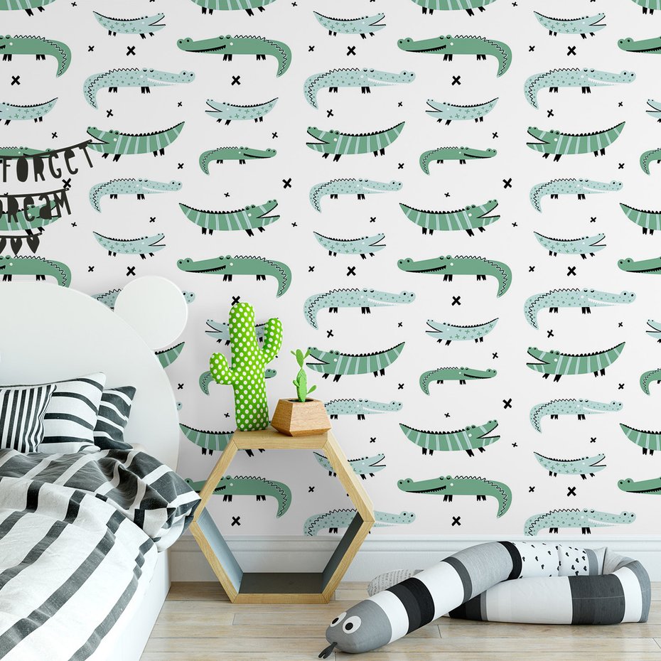 Tapeta - dziecięca, krokodyle, wzór, krzyżyki