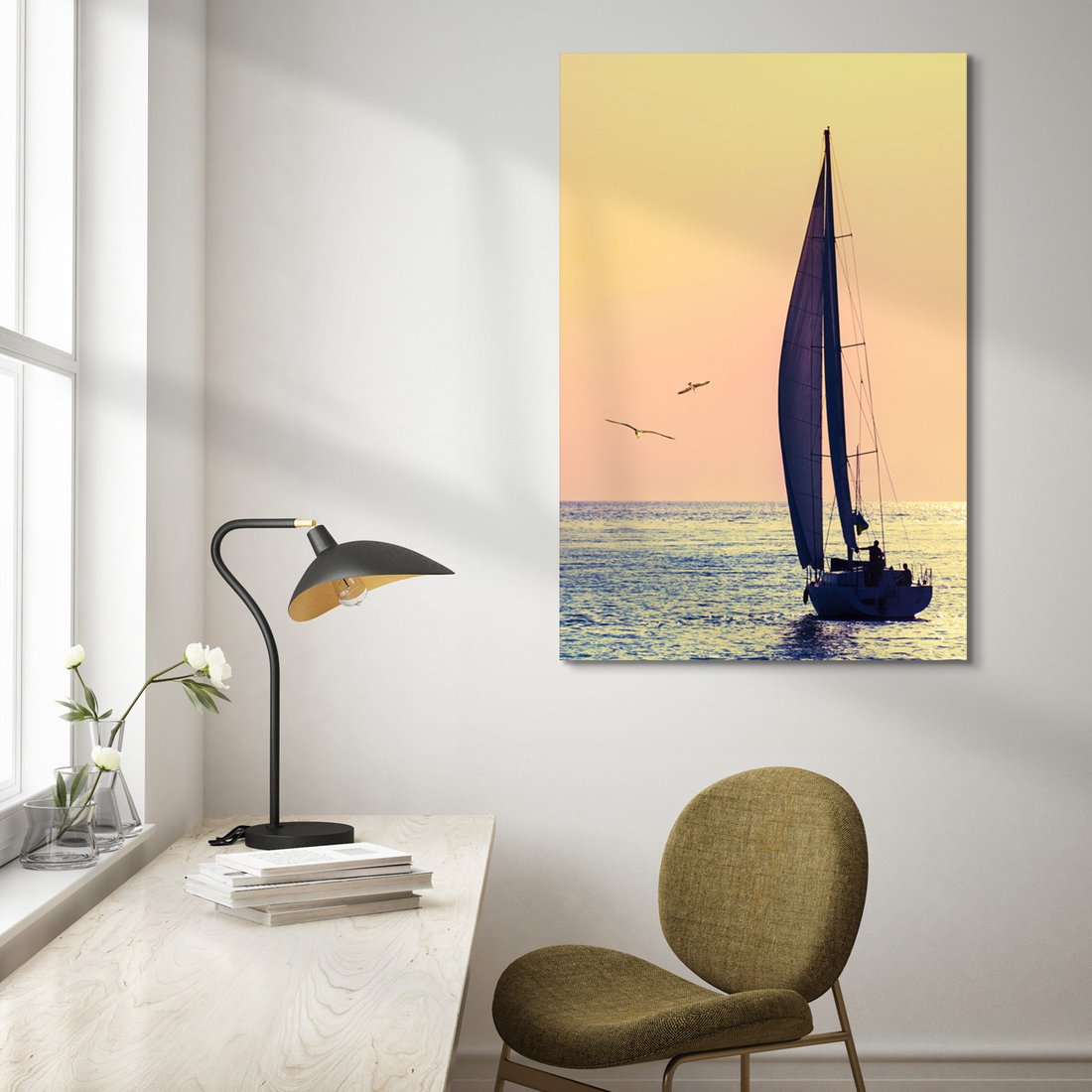 Obraz na płótnie - żaglówka, morze, ptaki