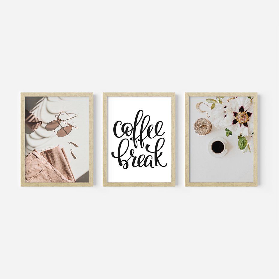 Zestaw obrazy w ramie, plakaty - kwiaty, kawa, akcesoria - rama drewno