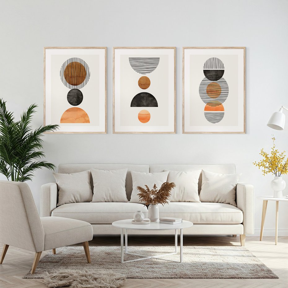 Zestaw obrazy w ramie, plakaty - abstrakcja, geometria, minimalizm - rama drewno