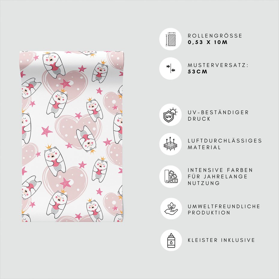 Tapeta - dziecięca, miś, korona, serce