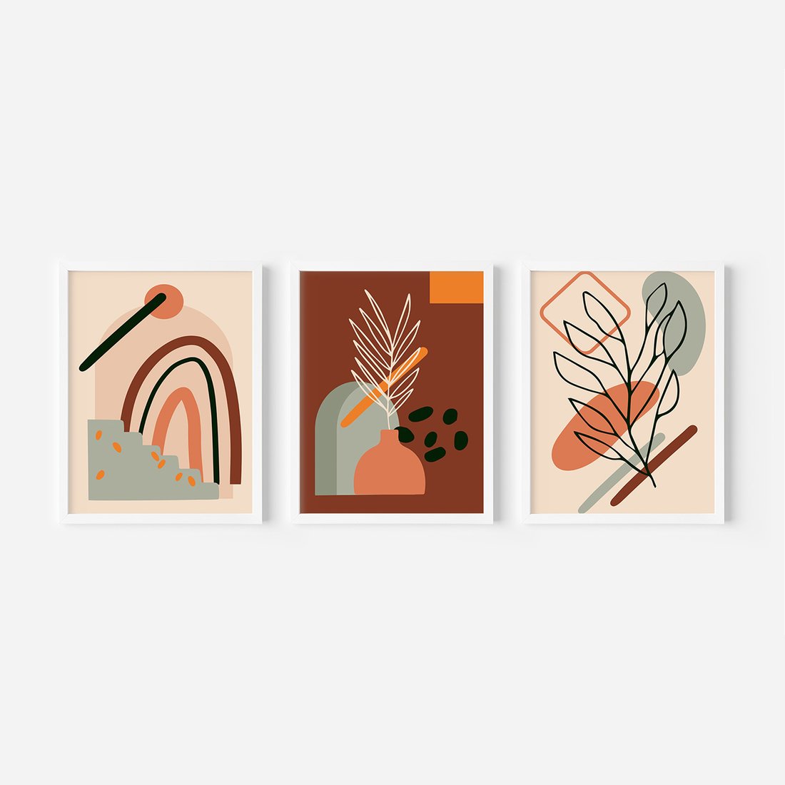 Zestaw obrazy w ramie, plakaty - abstrakcja, liście, rośliny - rama biała