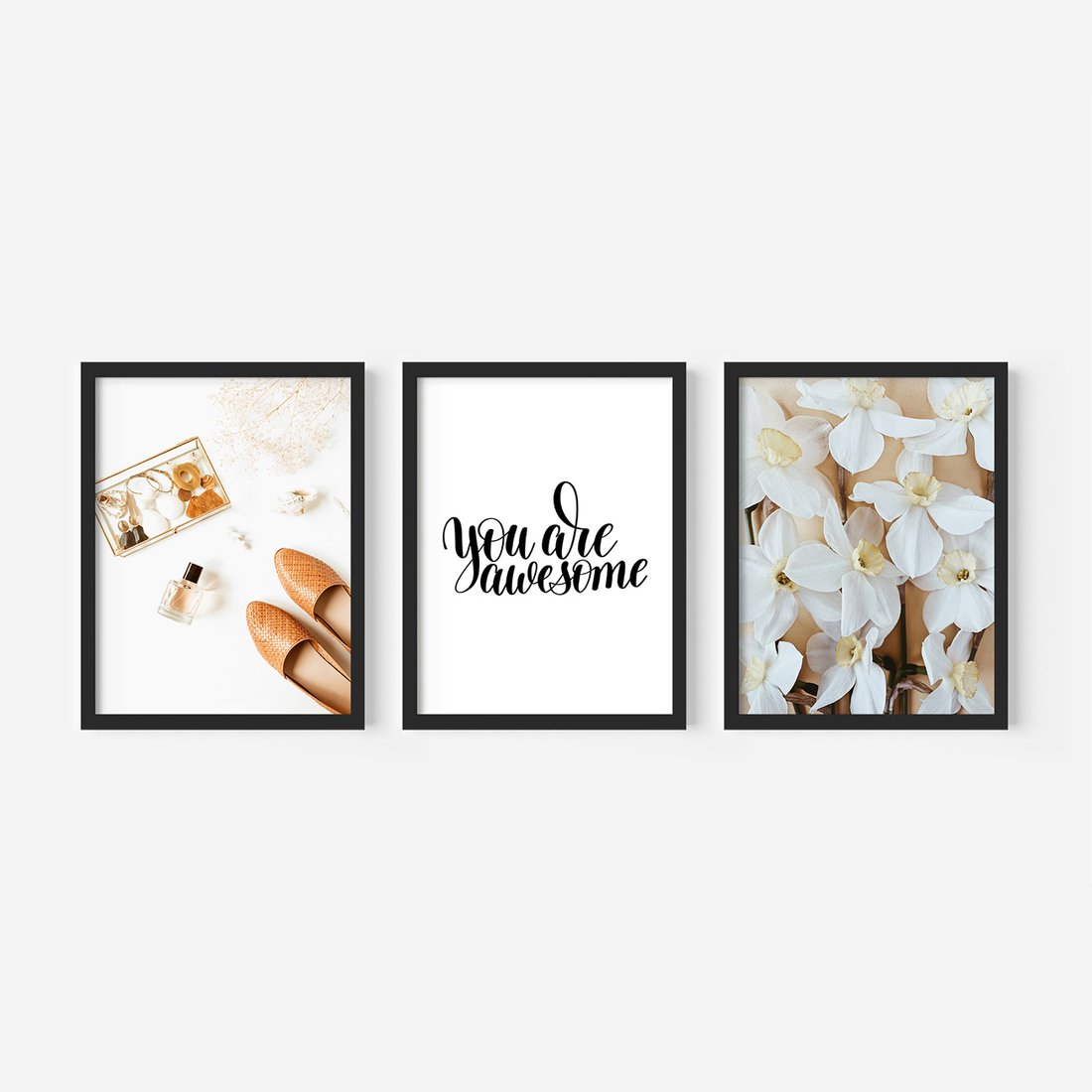 Zestaw obrazy w ramie, plakaty - kwiaty, akcesoria, buty - rama czarna
