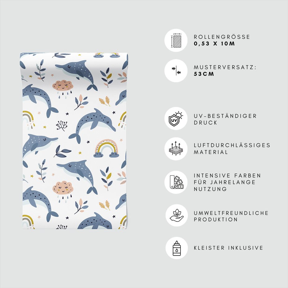 Tapeta - dziecięca, delfiny, chmury,