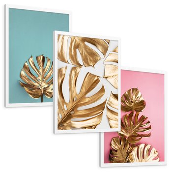 Zestaw obrazy w ramie, plakaty - liście, złoty, monstera - rama biała