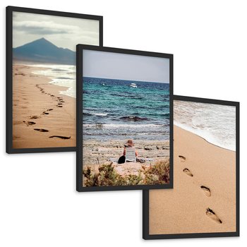 Zestaw obrazy w ramie, plakaty - plaża, morze, piasek - rama czarna
