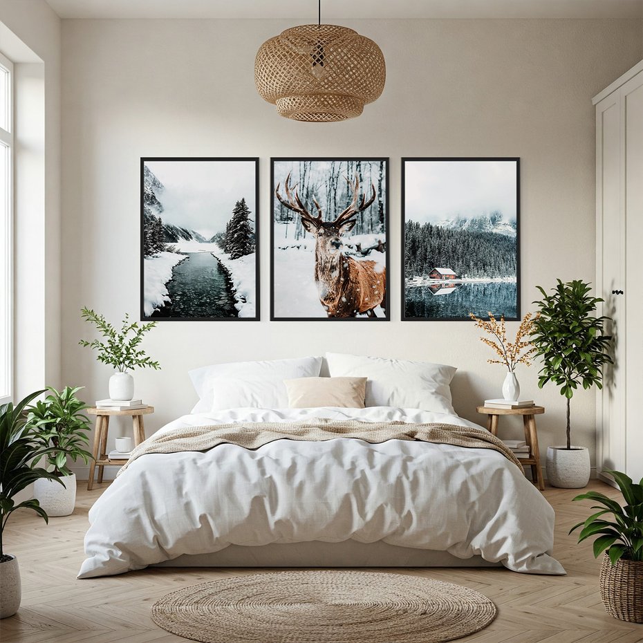 Zestaw obrazy w ramie, plakaty - zima, śnieg, krajobraz - rama czarna