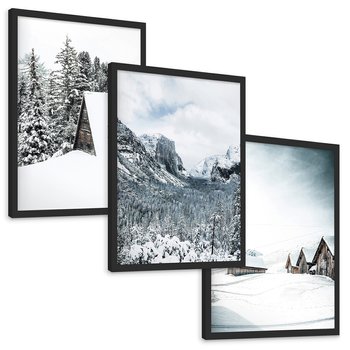 Zestaw obrazy w ramie, plakaty - zima, śnieg, góry - rama czarna