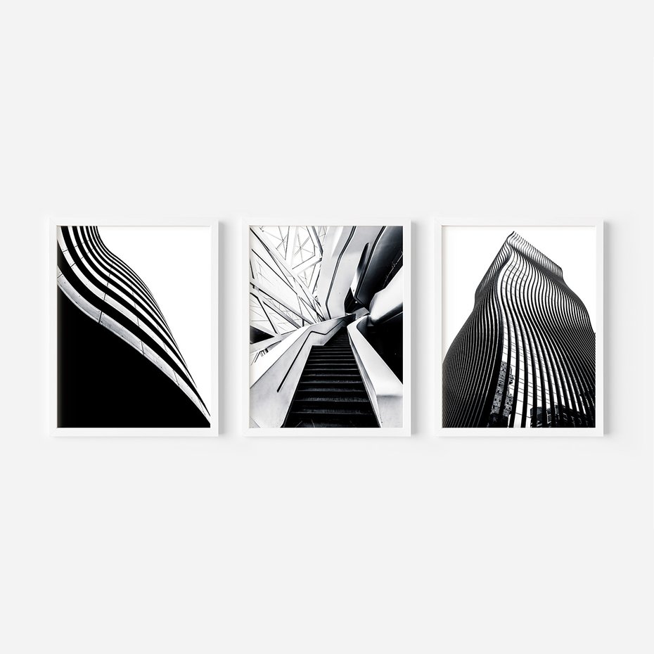 Zestaw obrazy w ramie, plakaty - architektura, budynki, miejski - rama biała