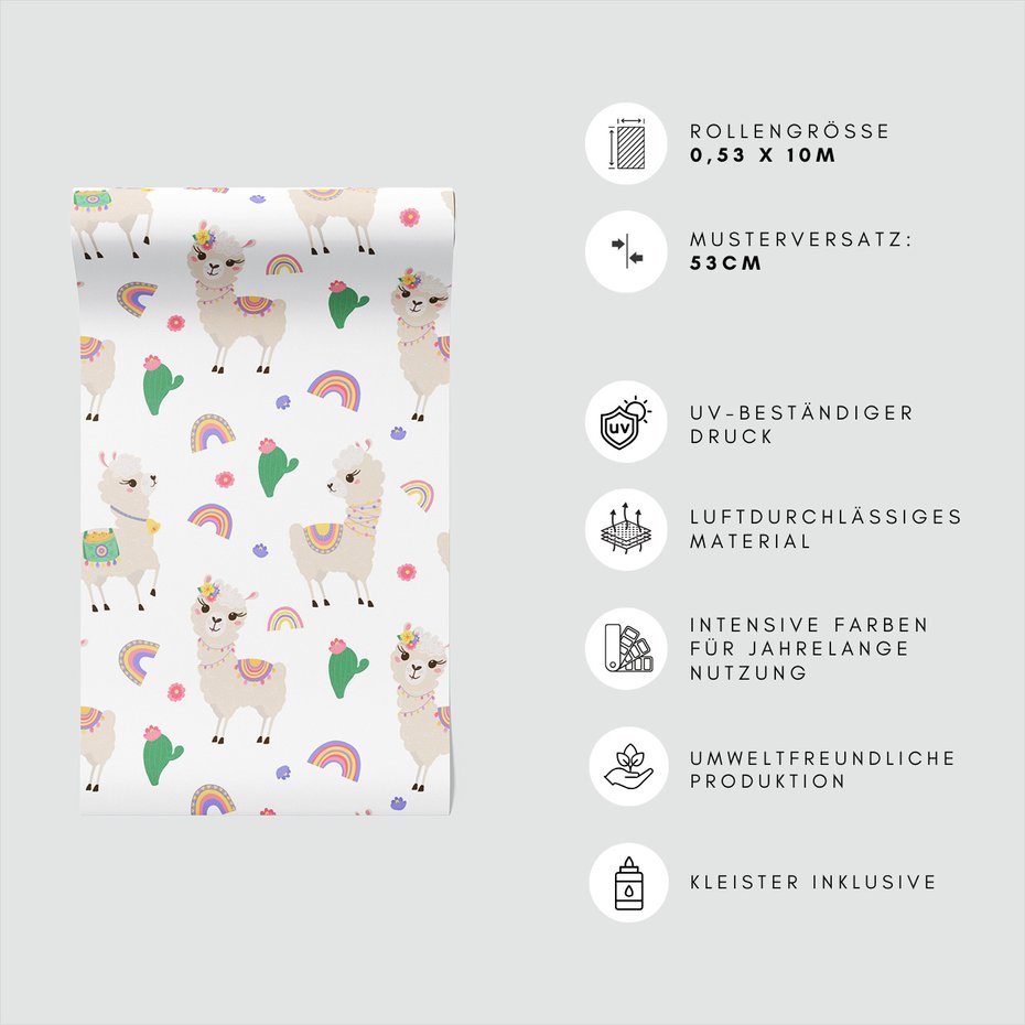 Tapeta - dziecięca, lama, kaktus, tęcza