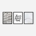 Zestaw obrazy w ramie, plakaty - budynek,typografia,koło - rama czarna