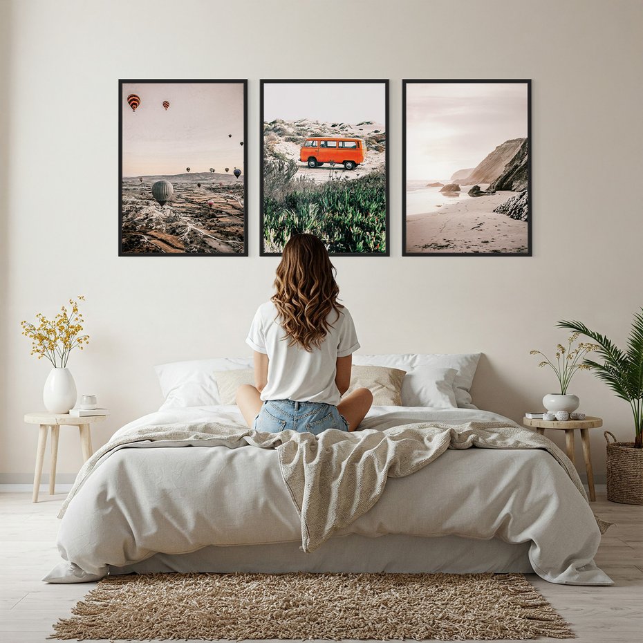 Zestaw obrazy w ramie, plakaty - balony, morze, plaża - rama czarna