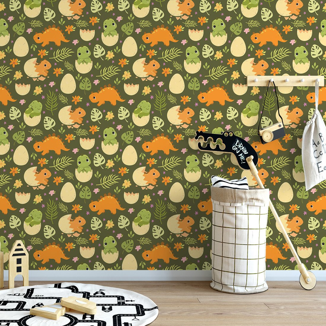 Tapeta - dziecięca, dinozaury, jaja, kwiaty