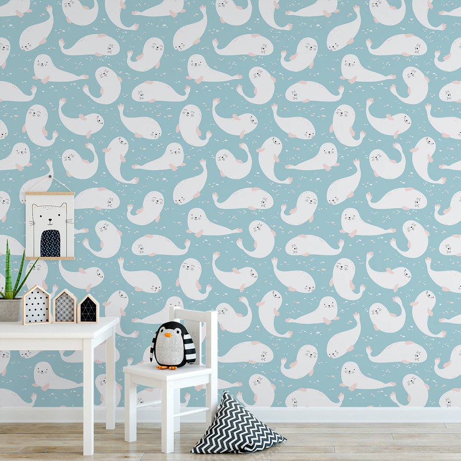 Tapeta - dziecięca, foki, tło, wzór