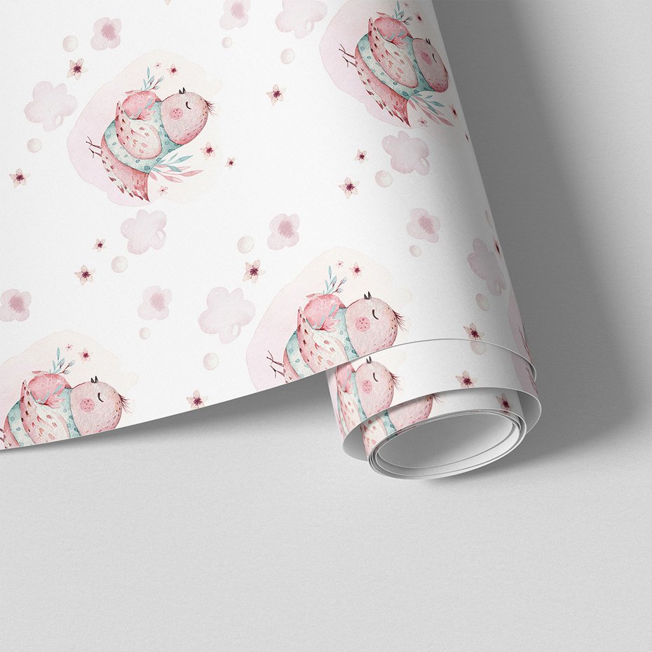 Tapeta - dziecięca, ptak, kwiaty, chmury